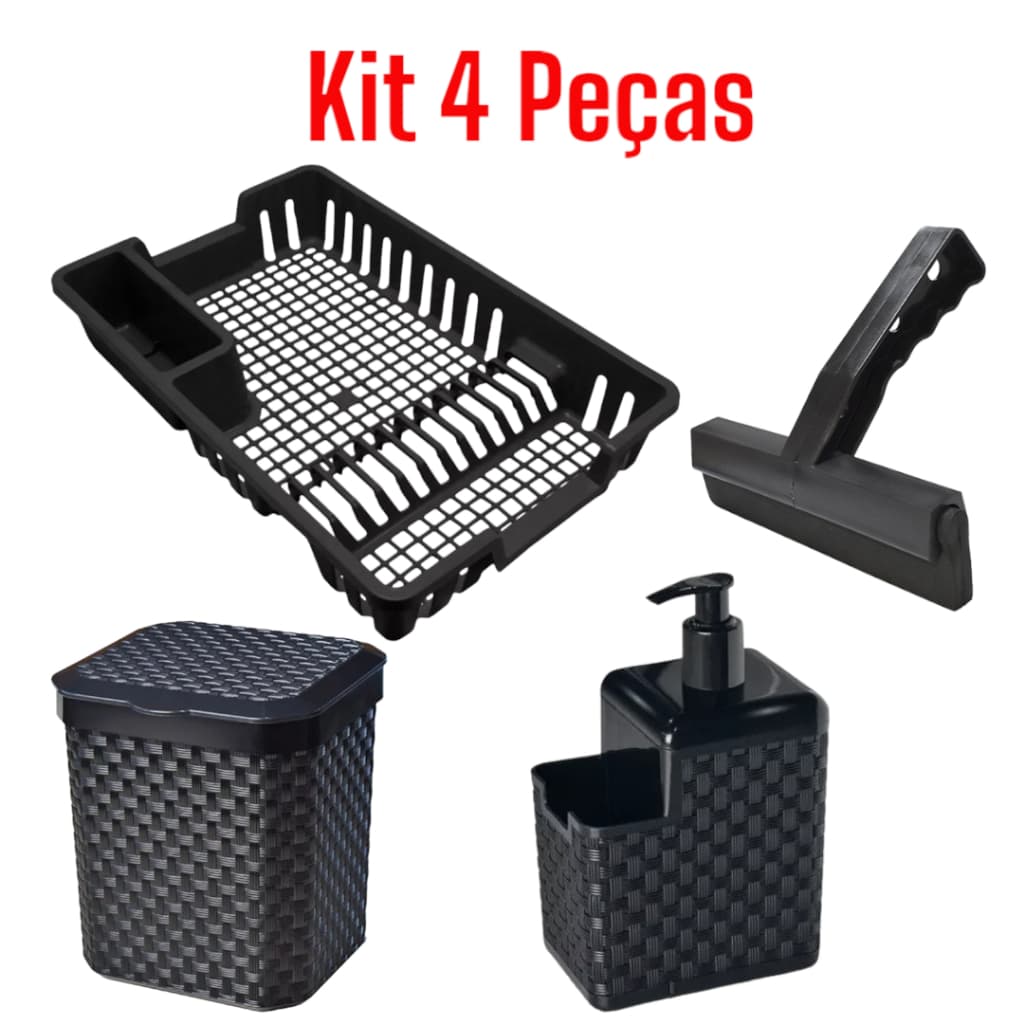Kit Cozinha Completo 4 Peças Lixeira 5 Litros + Porta Detergente + Rodinho de Pia + Escorredor Louça