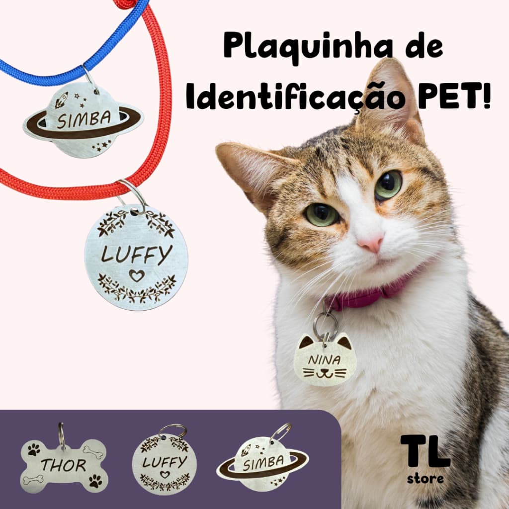 Plaquinha de identificação Pet Personalizado Nome e Telefone Anti Alergico