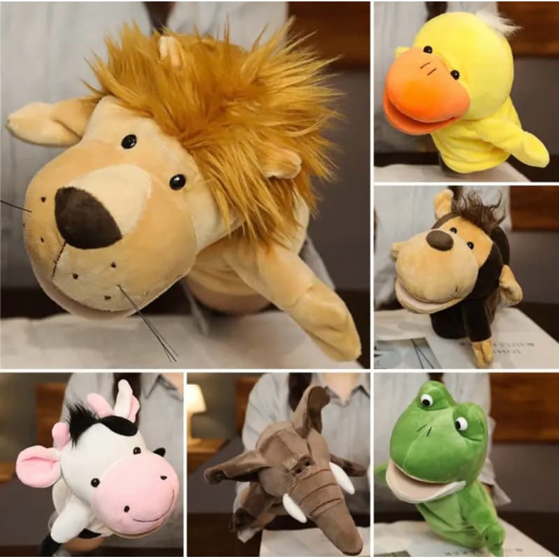 Fantoche de Pelúcia Animais Brinquedo para Crianças Educativos Leão Macaco Elefante Lobo Vaca Cachorro Sapo Coelho