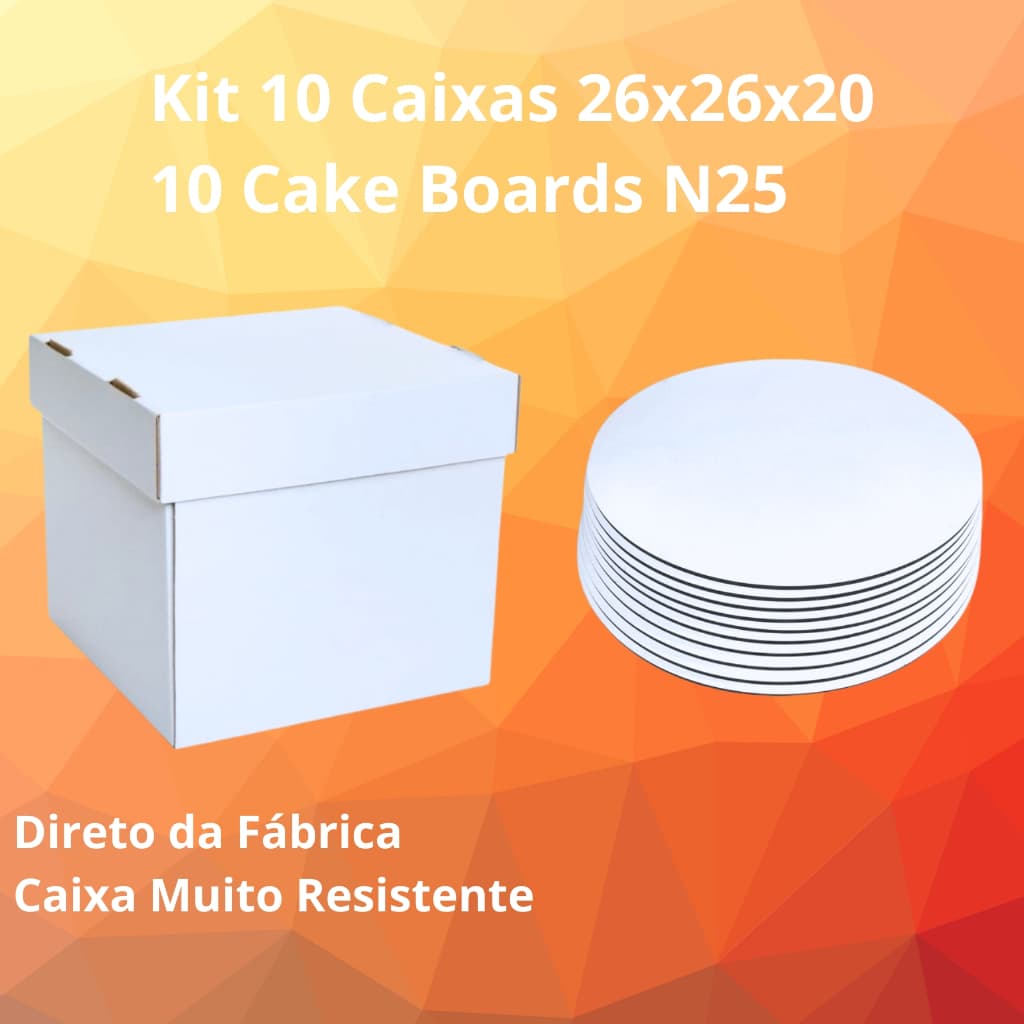 Kit Confeitaria 10 Caixas Para Bolo 26x26x20 e 10 Cake Board 25cm MDF Tamanhos Variados