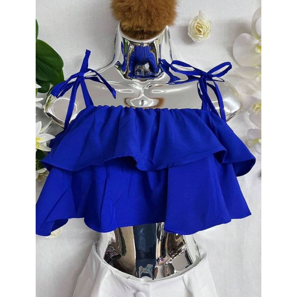 Top feminino com bainha franzida CROPPED EM CAMADAS COM AMARRAÇÃO MODA