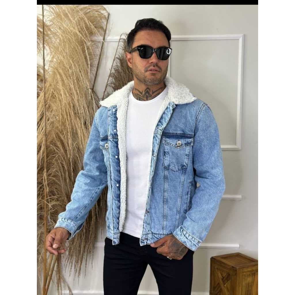 Jaqueta Jeans Masculina Com Forro Por Dentro. Manga Longa De Bolsos Com Botão Para o Inverno Exclusiva