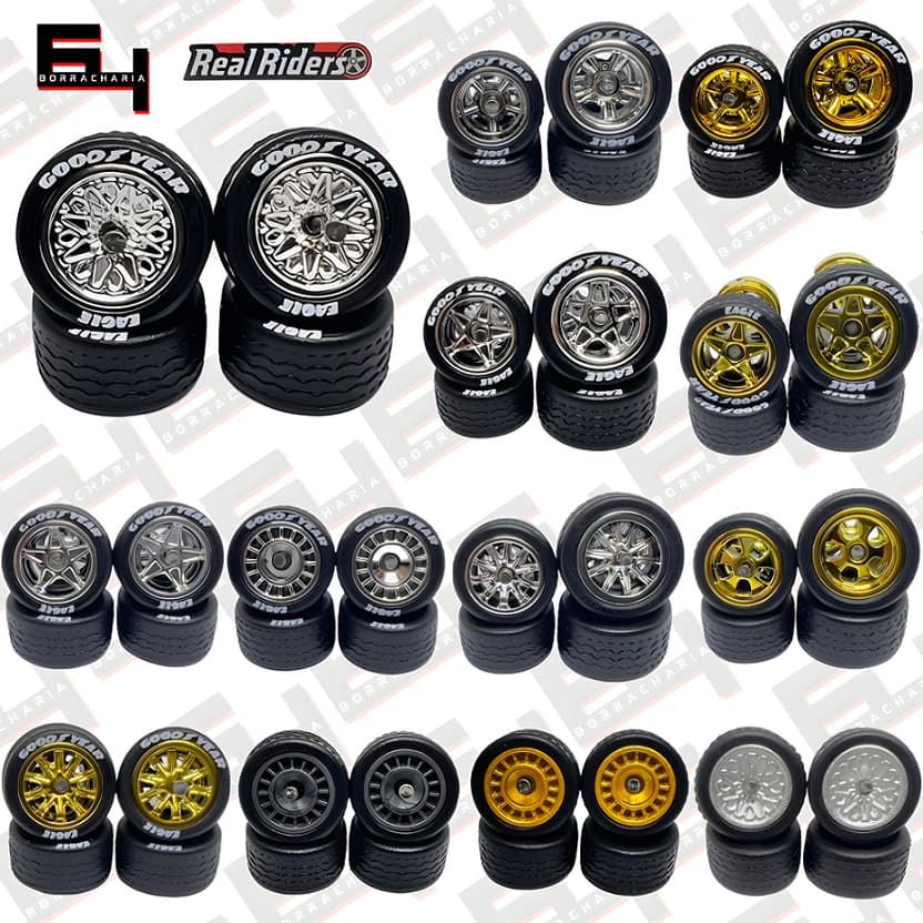 Rodas com Pneus de Borracha para Miniaturas 1/64 - Hot Wheels, Maisto, Matchbox - Big/Small Cromadas Goodyear