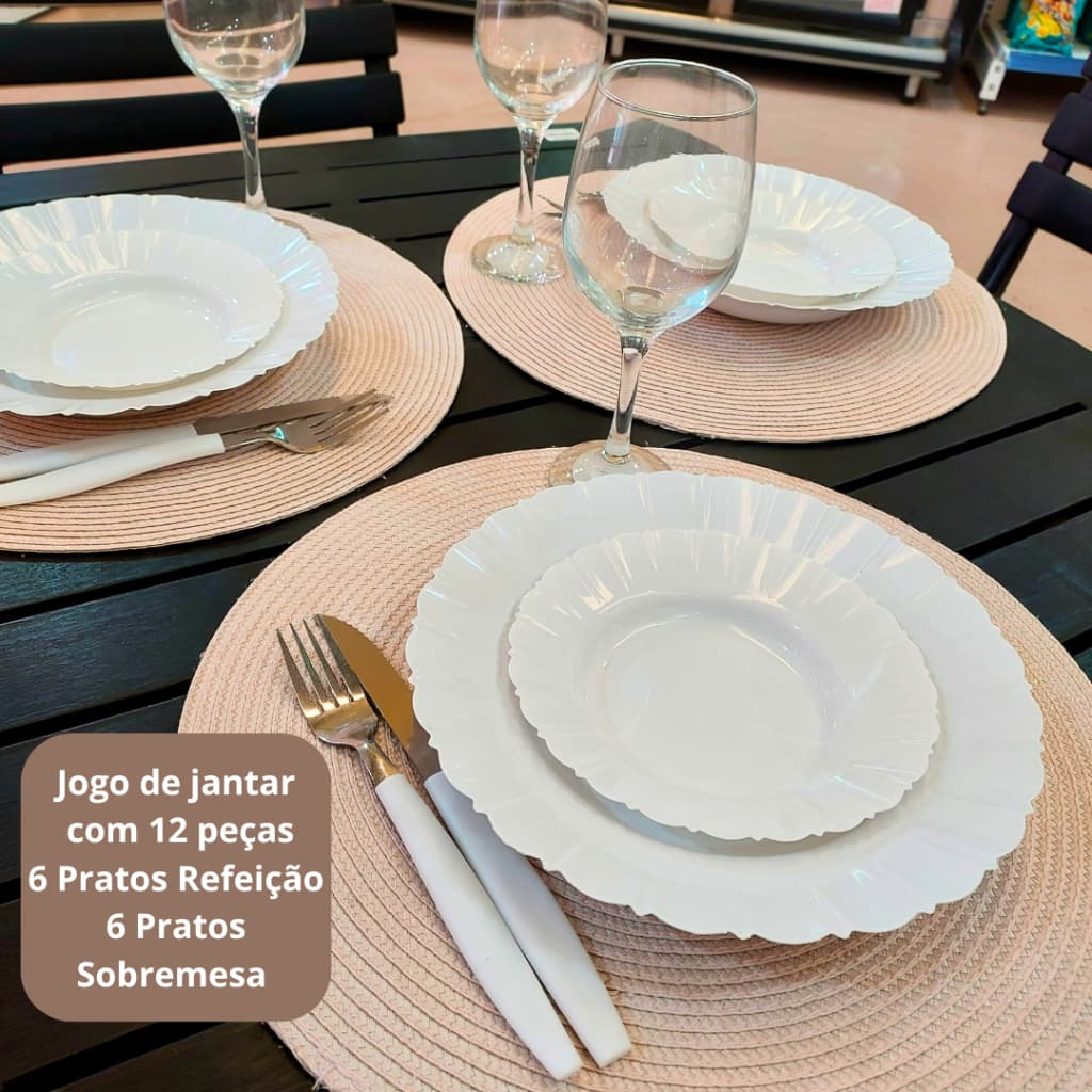JOGO DE JANTAR COM 12 PEÇAS PRATO PÉTALA DE PLÁSTICO NA COR BRANCO SENDO 6 REFEIÇÃO E 6 DE SOBREMESA