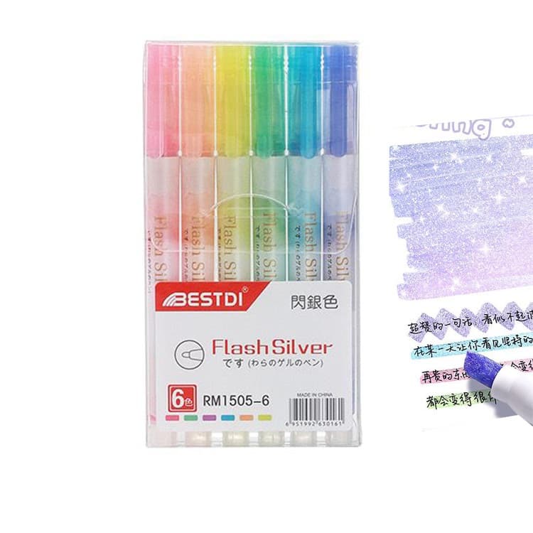 Kit 6/12 peças Marca texto de Glitter Flash silva/Material escolar Flash silva