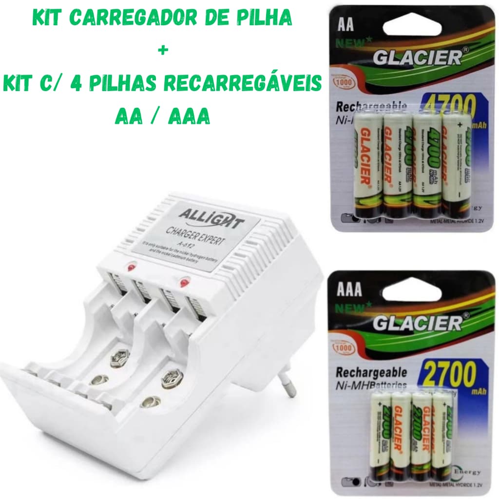 Kit Carregador De Pilhas AA/AAA/Bateria 9v
