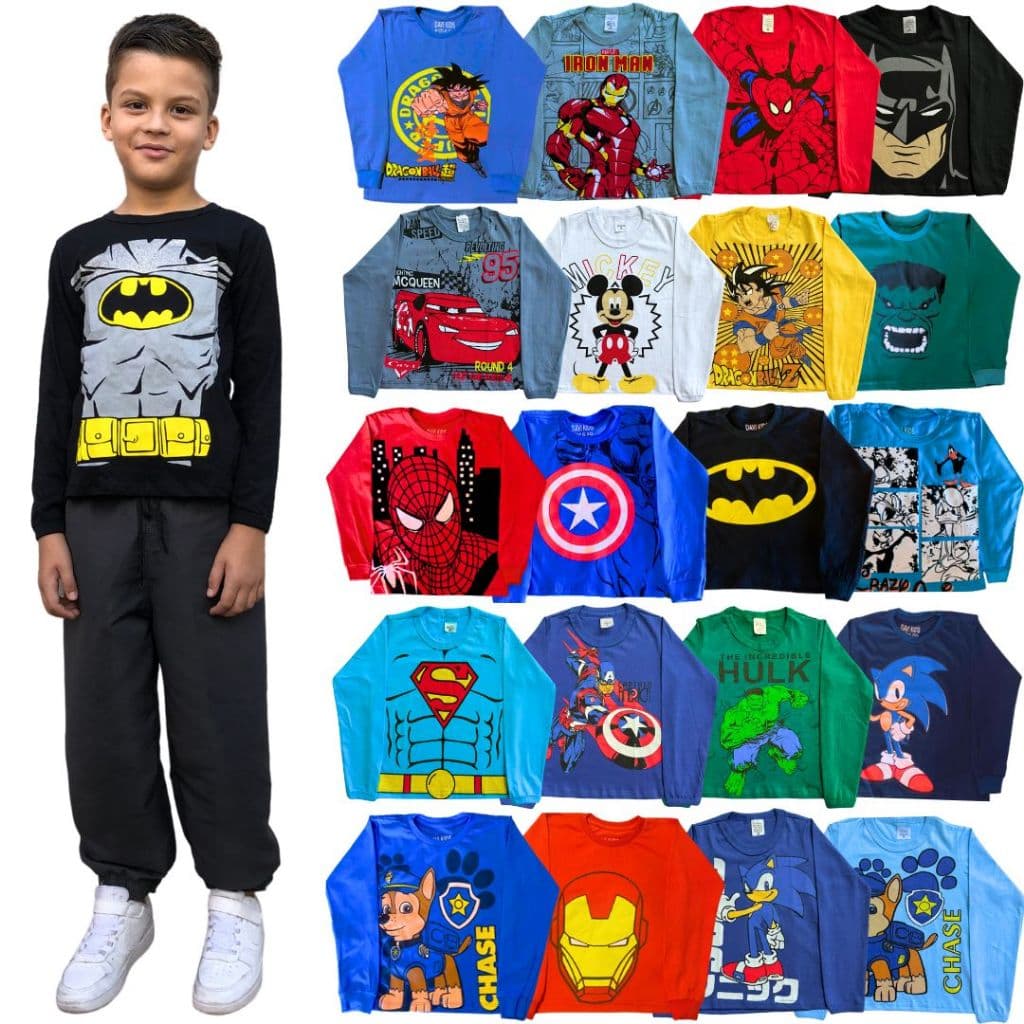 Kit 5 Camisetas infantil manga longa 100% algodão Sortidas