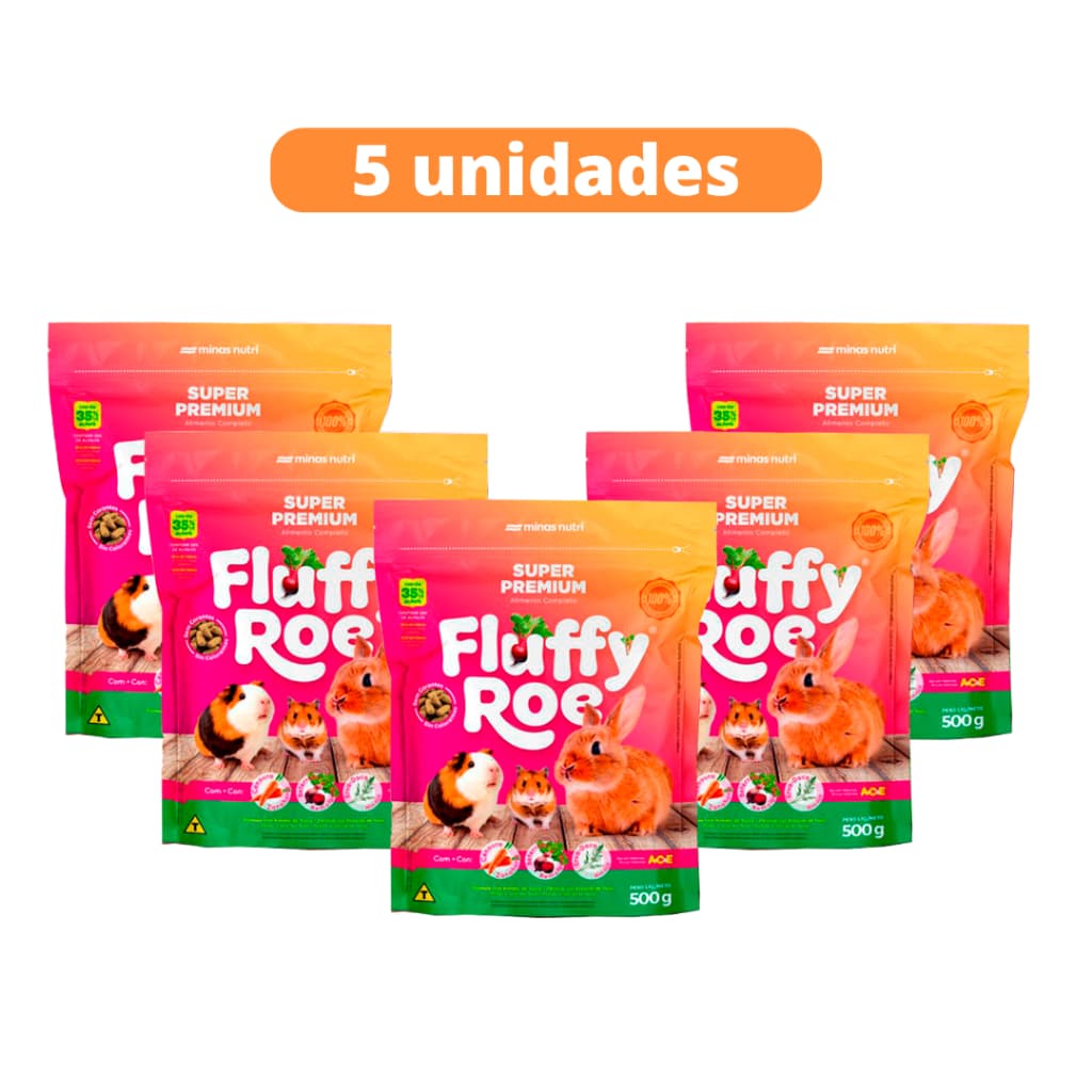 Kit C/ 5 Unidades Ração Para Coelhos e Roedores Fluffy Roe - 500g Super Premium Minas Nutri