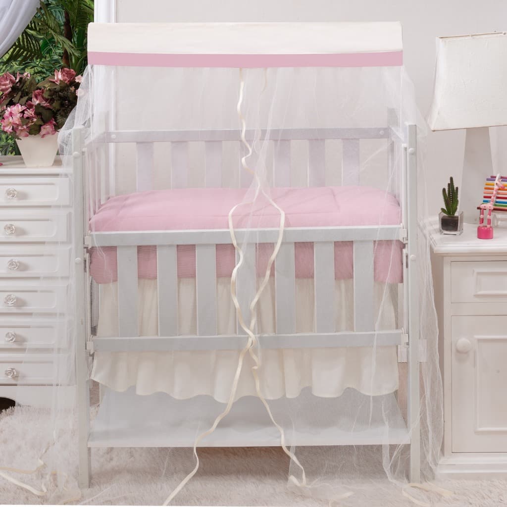 MOSQUITEIRO- CORTINADO PARA ** MINI BERÇO ** BEGE COM BARRADO LISO ROSÊ COM TULE PALHA