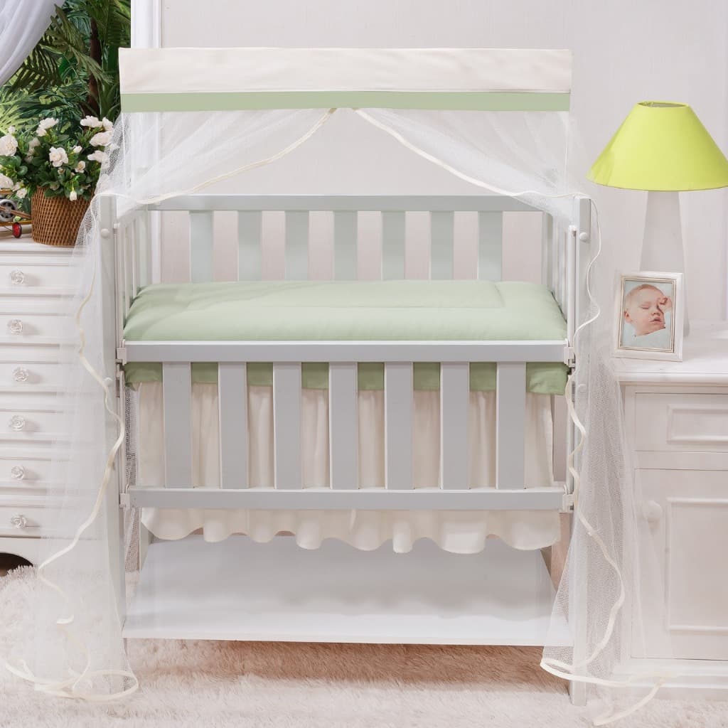 MOSQUITEIRO - CORTINADO PARA   *** MINI BERÇO ***  BEGE COM BARRADO LISO VERDE  MENTA COM TULE PALHA