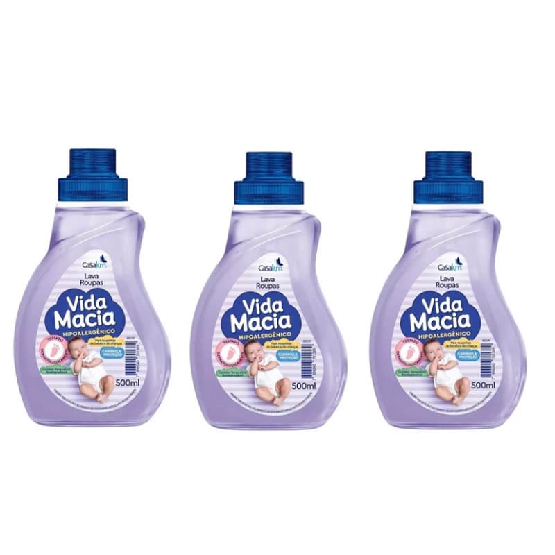 Kit 3 Lava-Roupas Líquido Carrinho e Proteção Frasco 500 ml cada  Vida Macia