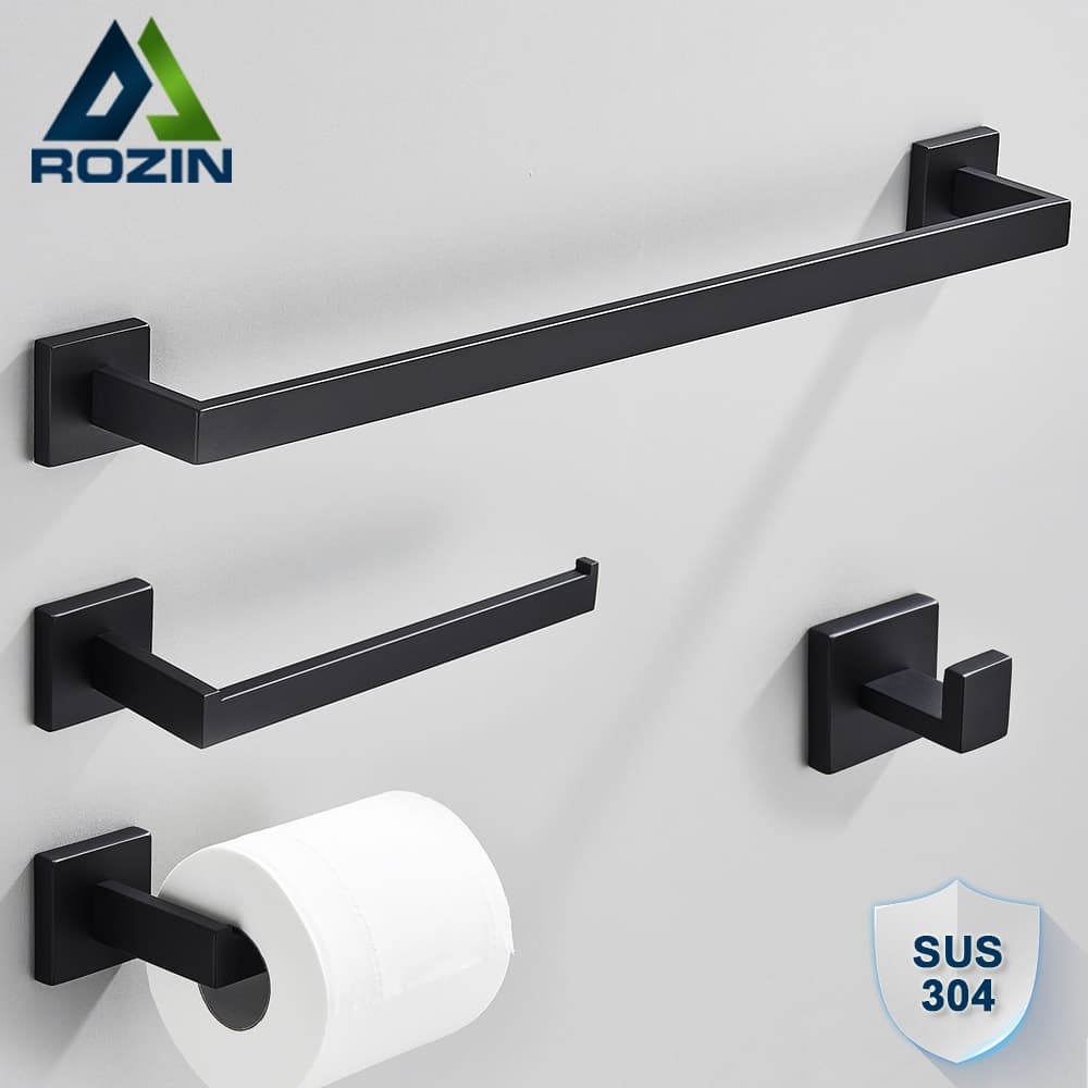 Kit Acessórios Para Banheiro 4 Peças Inox Quadrado 40cm Toalheiro De Banheiro Preto/Dourado/Cromado