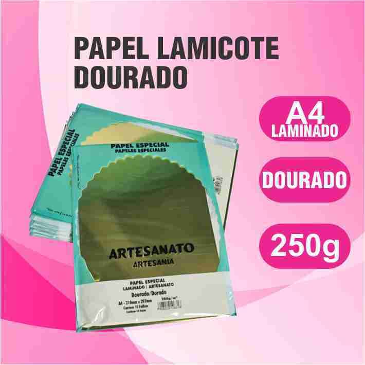 Papel Lamicote Dourado 250g A4 Laminado Kit 10 a 50 Folhas