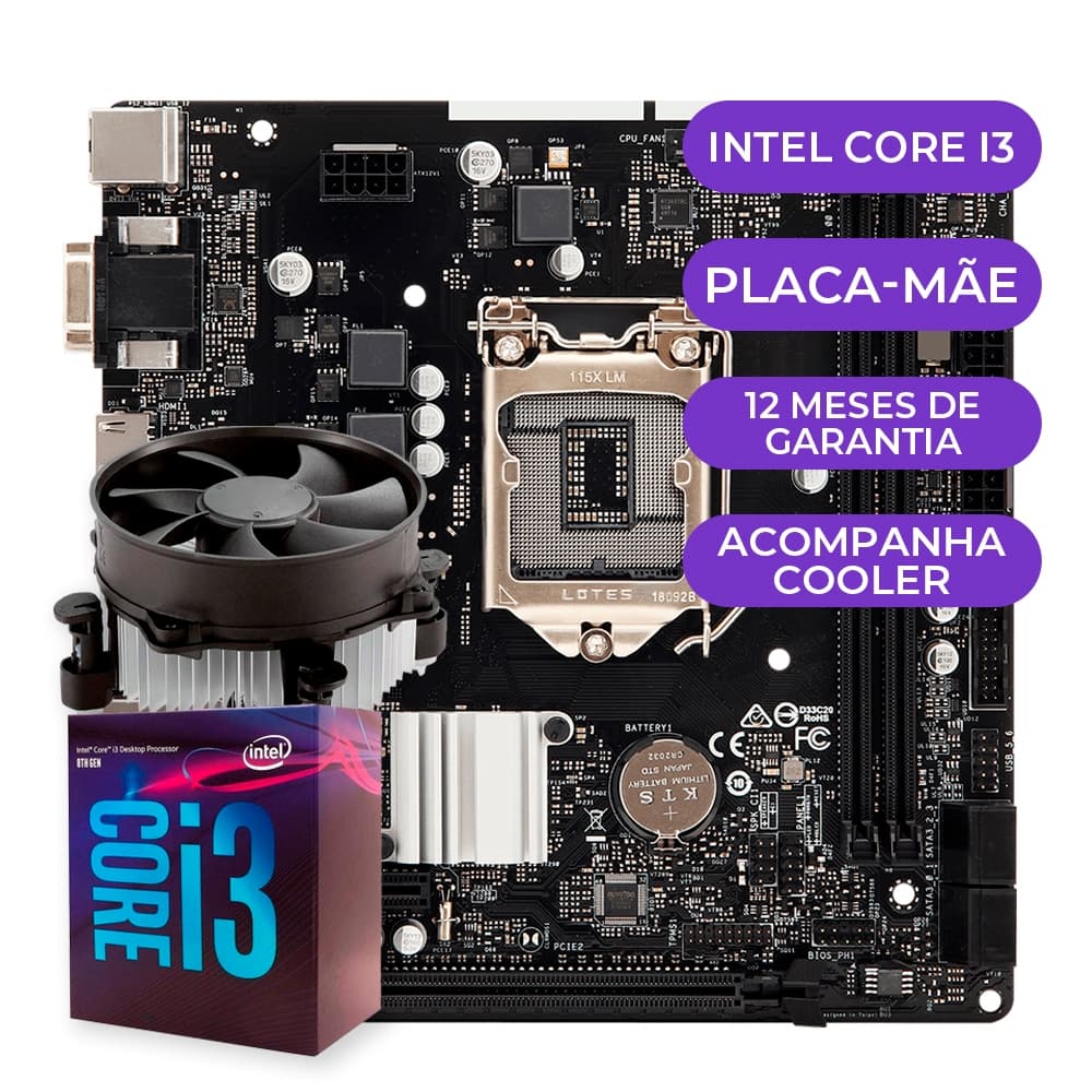 Kit Upgrade Gamer Intel Core i3-8100 + COOLER + PLACA-MÃE
