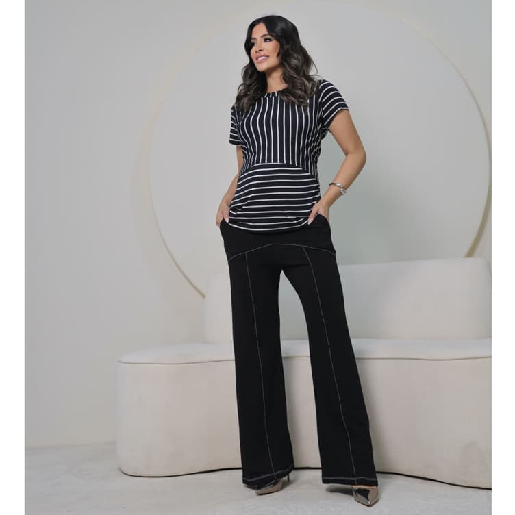 Calça para gestante pantalona conforto total se modela ao corpo e acompanha crescimento da barriga