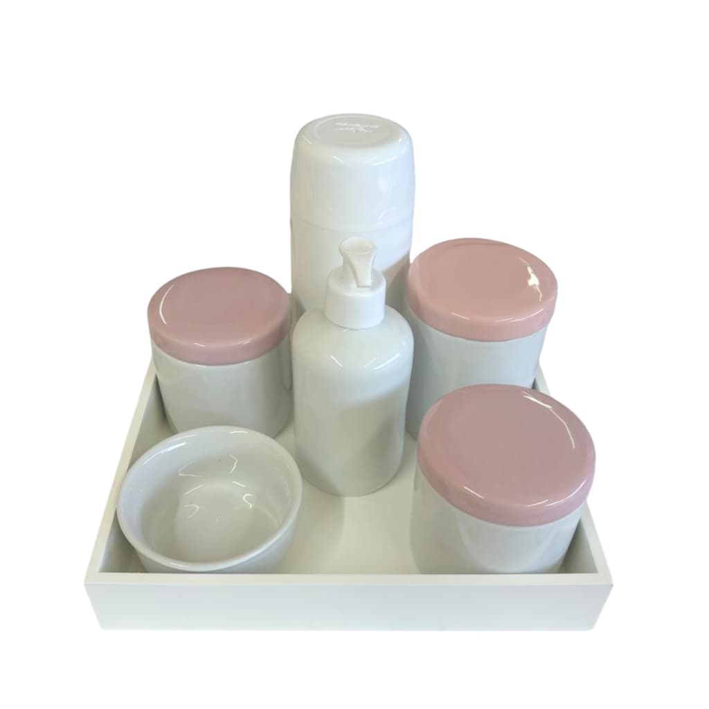 kit higiene bebe porcelana tampa rosa garrafa térmica 250ml 7 peças