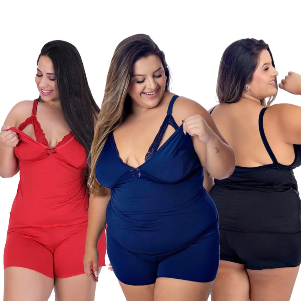 Kit 3 Babydoll de Amamentação Maternidade plus size Blusinha Alça Ajustável Short Renda Sensual