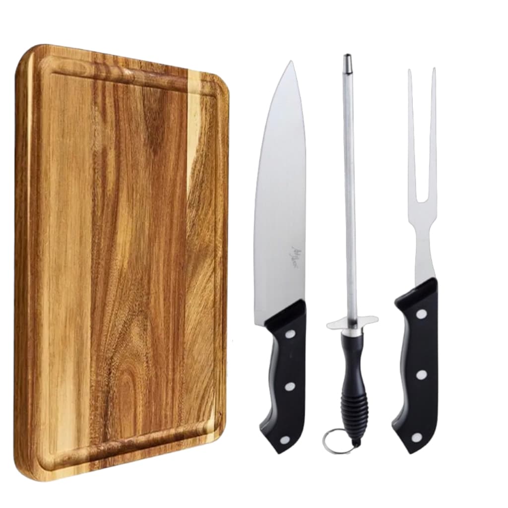 Kit Churrasco Tábua de Carne Madeira Faca e Garfo Conjunto Churrasqueiro