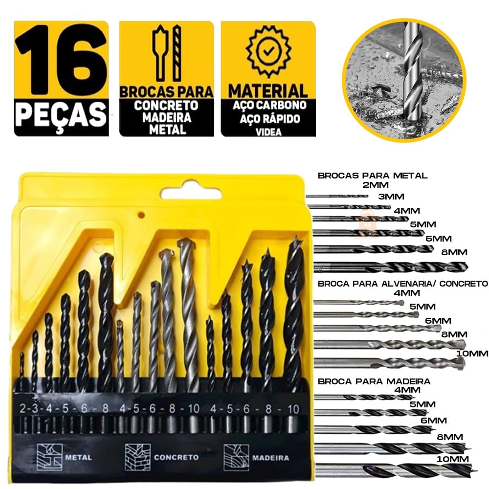 Kit Jogo De Brocas Estojo 16 Peças Madeira Metal Concreto