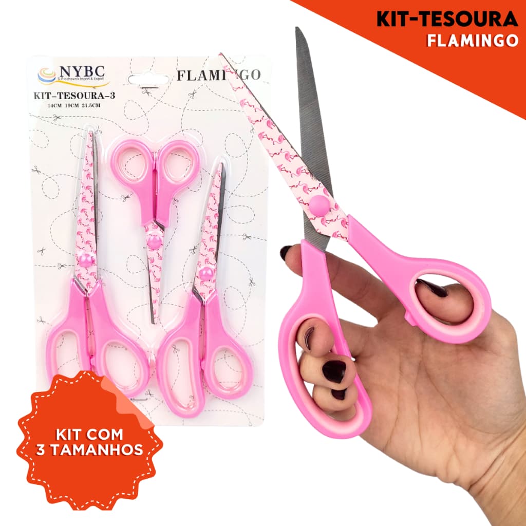 Tesoura Para Costura Decorada Flamingo Kit C/ 03 - Nybc