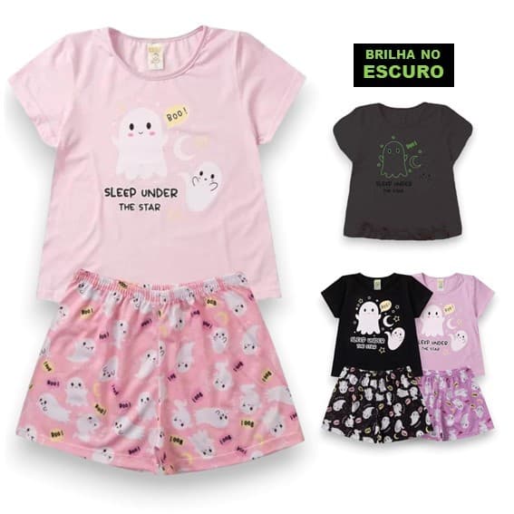 Conjunto infantil Pijama Brilha no Escuro feminino Verão 2 peças – Shorts e Camiseta Roupa de Menina