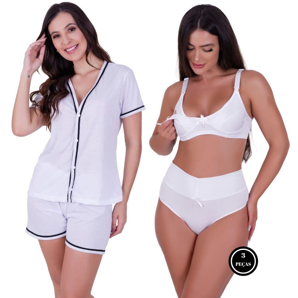 Combo Amamentação Pijama Sabrina com Botões Sutiã com Clique e Calcinha Pós Parto