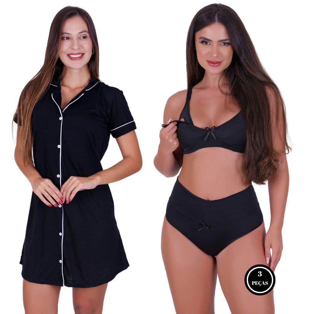 Combo Camisola Blogueira com Botões Sutiã Amamentação e Calcinha Pós Parto Thamires