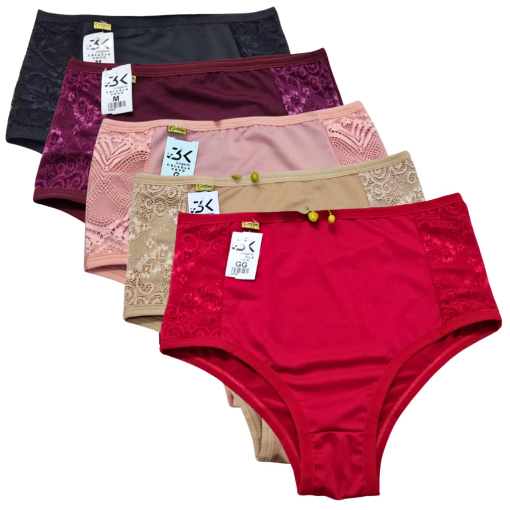 Kit de Calcinha Calçola Senhora Plus Size e Regular Feminino Cintura Alta Lateral larga