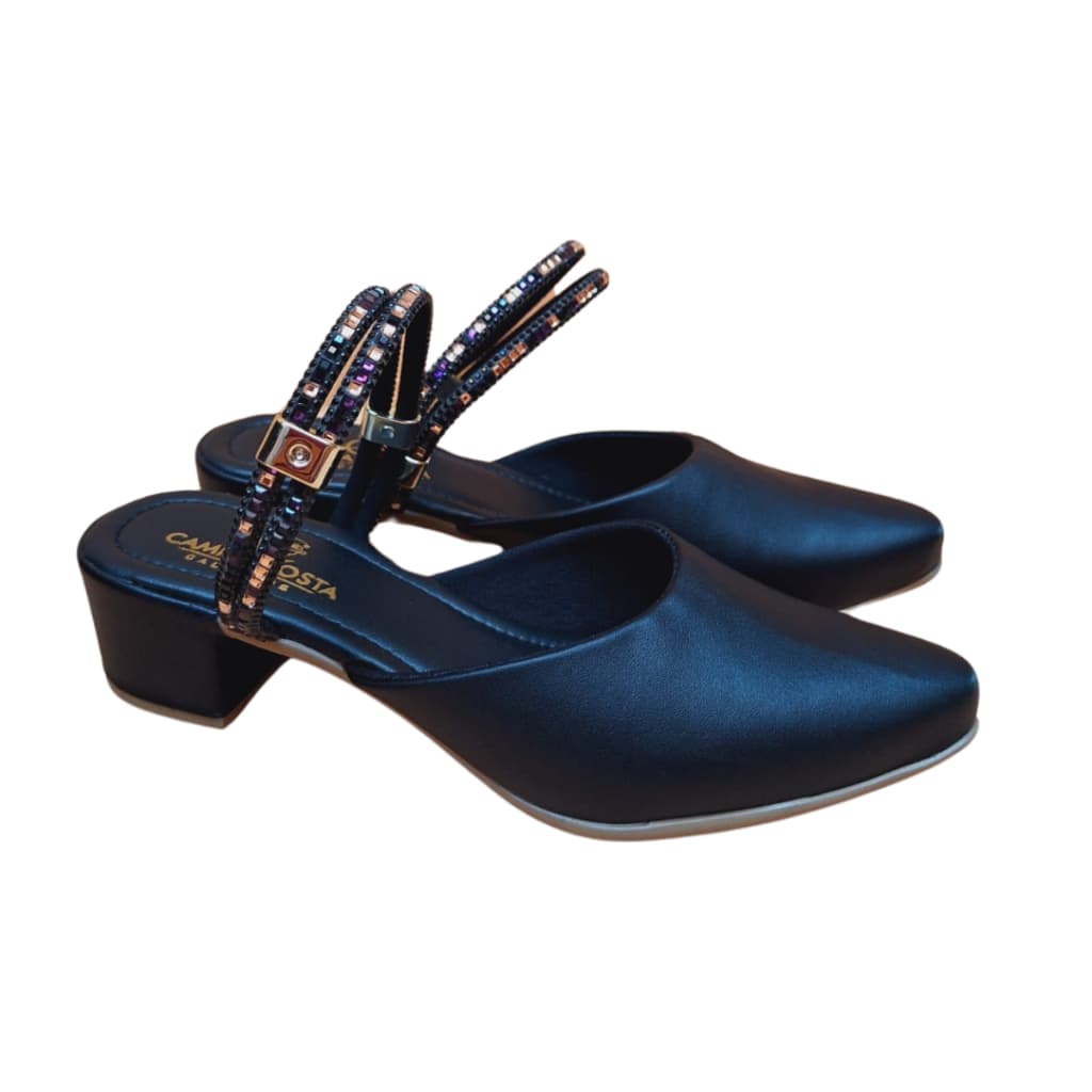 Mule Social 2 em 1 Feminino Femininas Scarpin Salto Medio Baixo Manta brilhante  Confort  Preto060