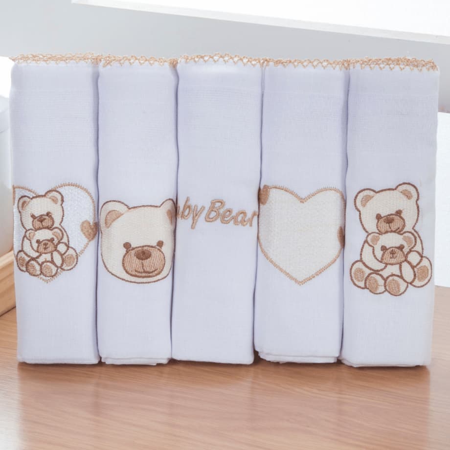 Kit Fralda de Pano Bordada para Bebê com 5 unidades 100% Algodão Feminina e Masculina