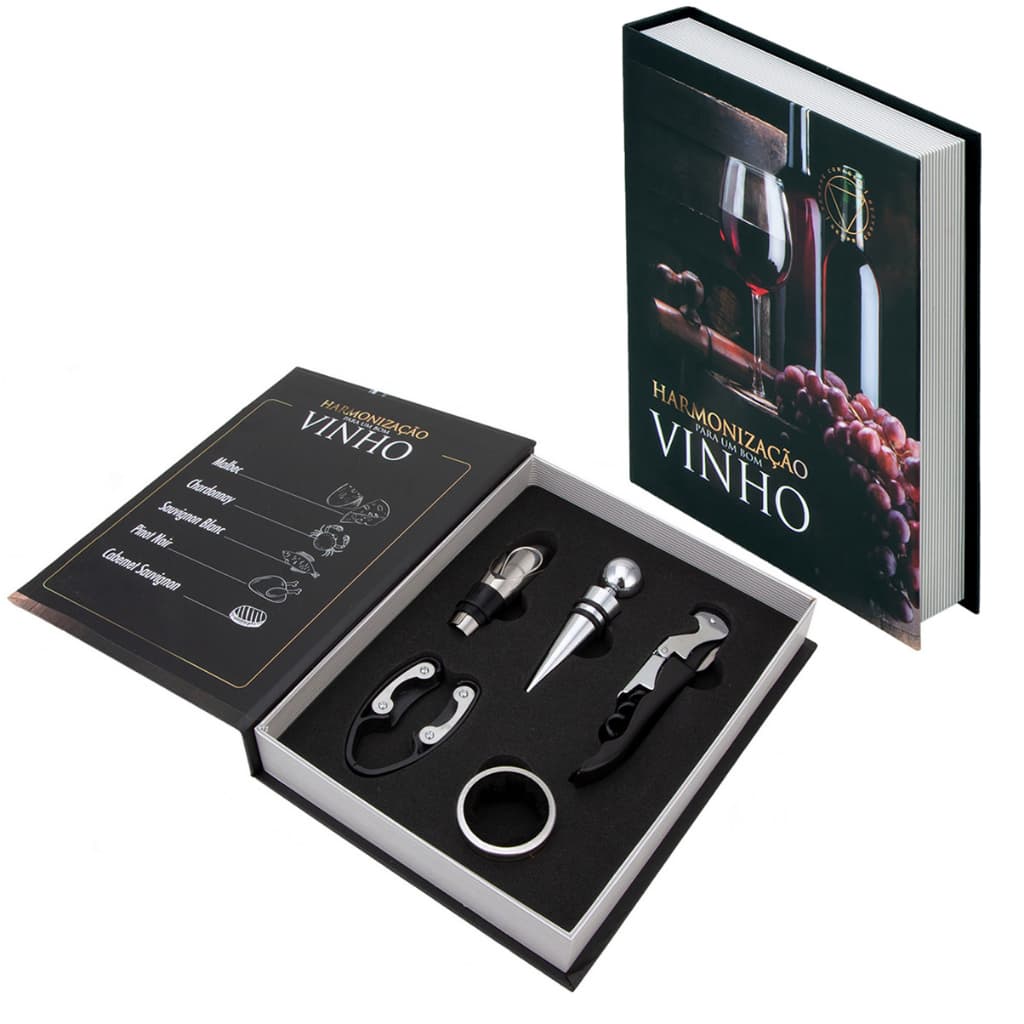 Kit Vinho Luxo Abridor Saca Rolhas Tampa Dosador Livro 05 Peças