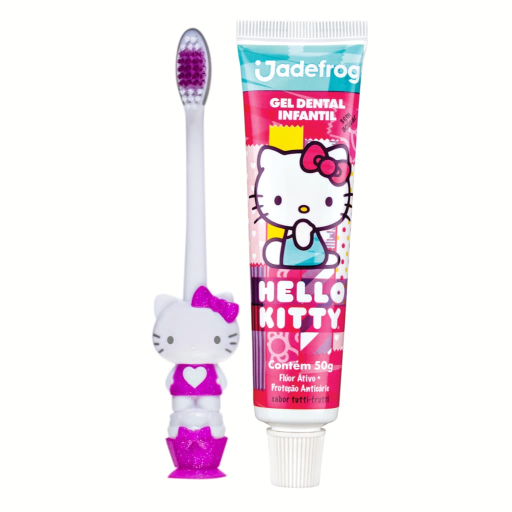 Kit Escova de Dente Menina Hello Kitty 3D c Limpador de Língua + Gel Dental c Glitter Cor Aleatória