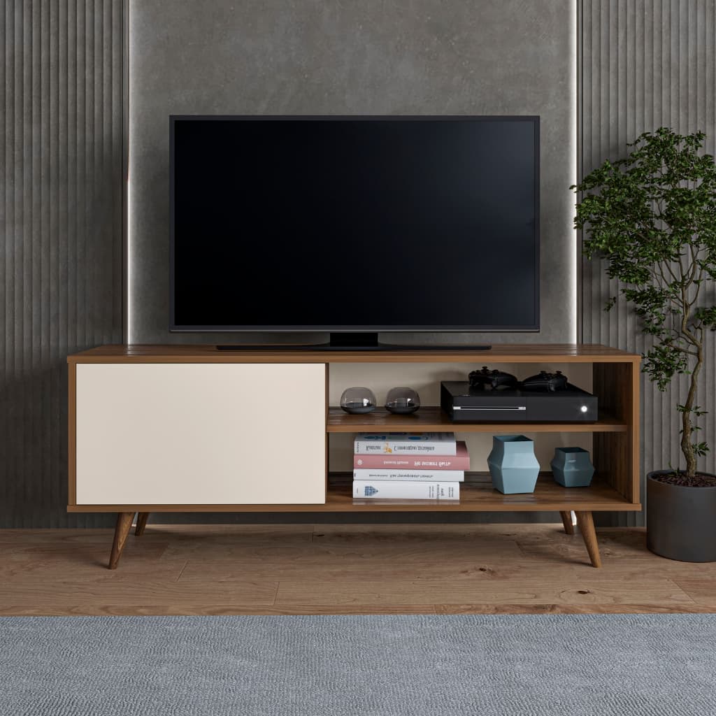 Rack Estante Multifuncional Para  Sala de Estar com Prateleira, Porta Organizadora e Pés de Madeira