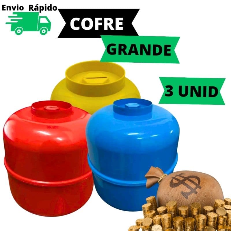 Botijão Cofre 17cm Cofrinho Plástico Grande Resistente Moedas Nota Para Crianças Adulto Kit 1/2/3