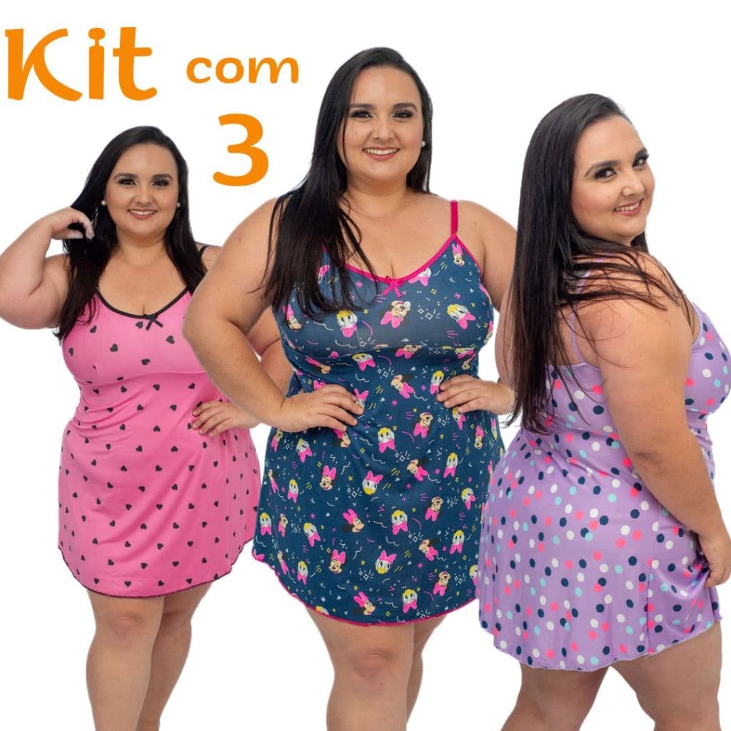 KIT com 3 Camisolas Plus Size Vestido de Dormir Extra Grande Camisola XGG