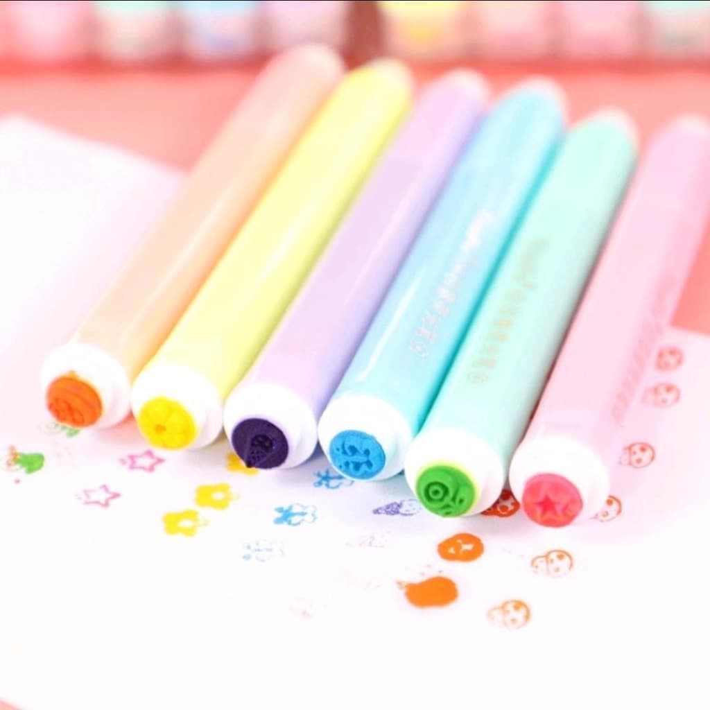 6 pçs Marca Texto Criativa Lapis Fofa com Carimbo Neon / Escrever / Personalizar / Anotações / Escola / Infantil /