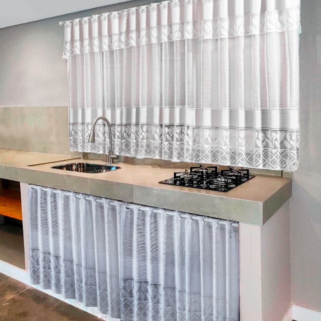 Cortinas de Cozinha Renda P/janela e Pia Renda Cortina Branca e Bege - Tulipa Decoração
