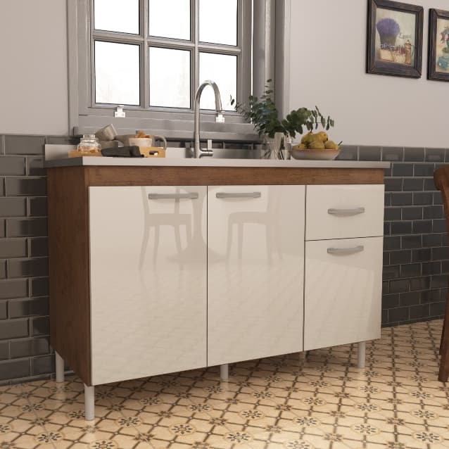 Balcão de Cozinha INDEKES Pia de 120cm Sem Tampo Suiça POP SHARK MOVEIS 3 Portas 1 Gaveta