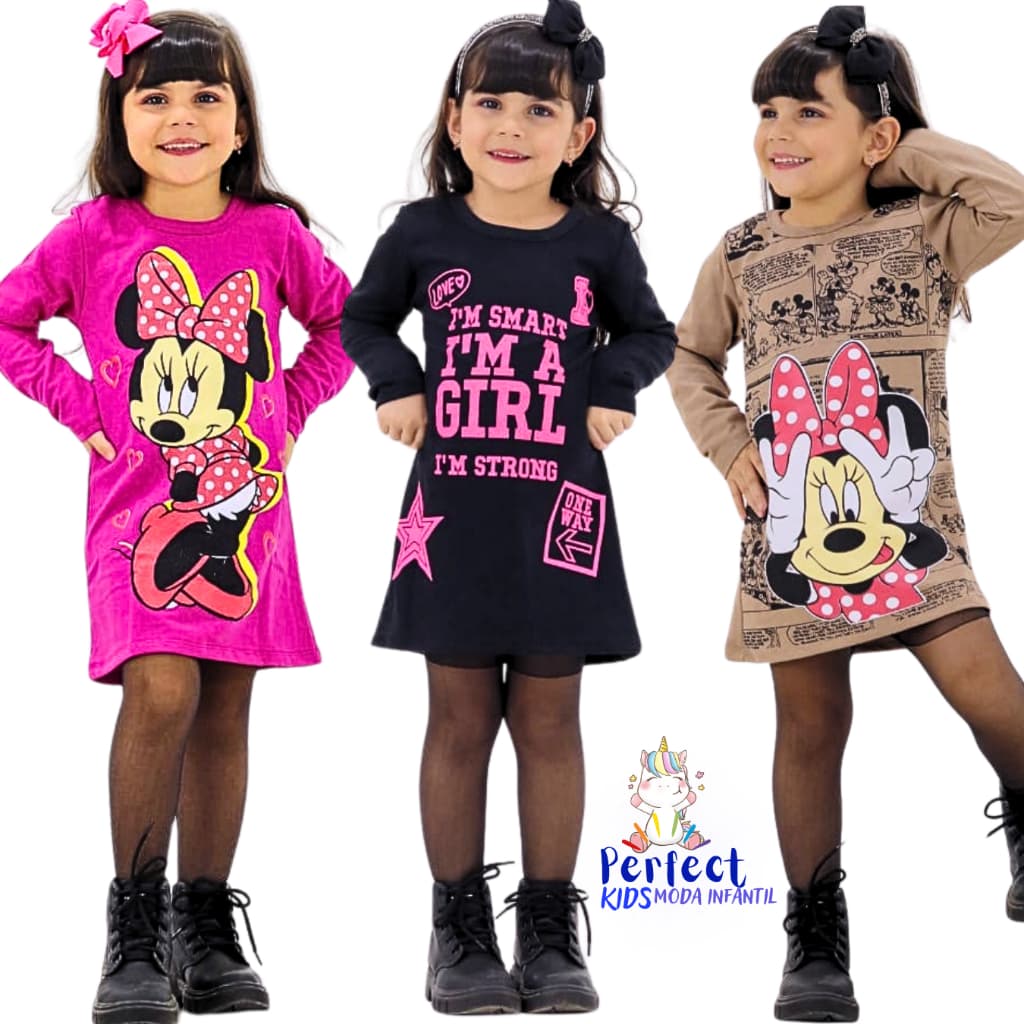 VESTIDO MOLETINHO INFANTIL CURTO MANGA CUMPRIDA OUTONO INVERNO DE 1 A 6 ANOS