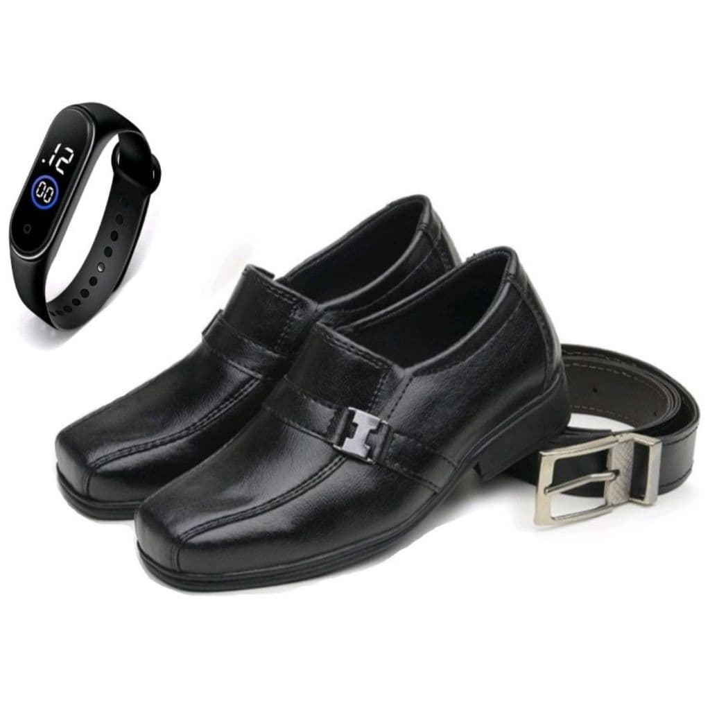 Kit 1 Par De Sapato Social Infantil Masculino + Relógio Digital + Cinto Infantil