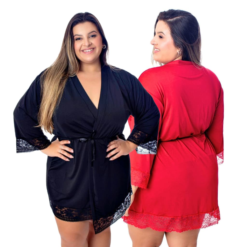 Kit 2 Robes Sensual Plus Size com Manga Média Feito em Microfibra Detalhes em Renda para Noivas