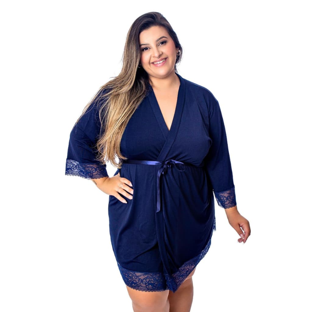 Robe Confortável de Linha Noite com Manga Renda e Laço de Cetim Madrinhas e Noivas plus size