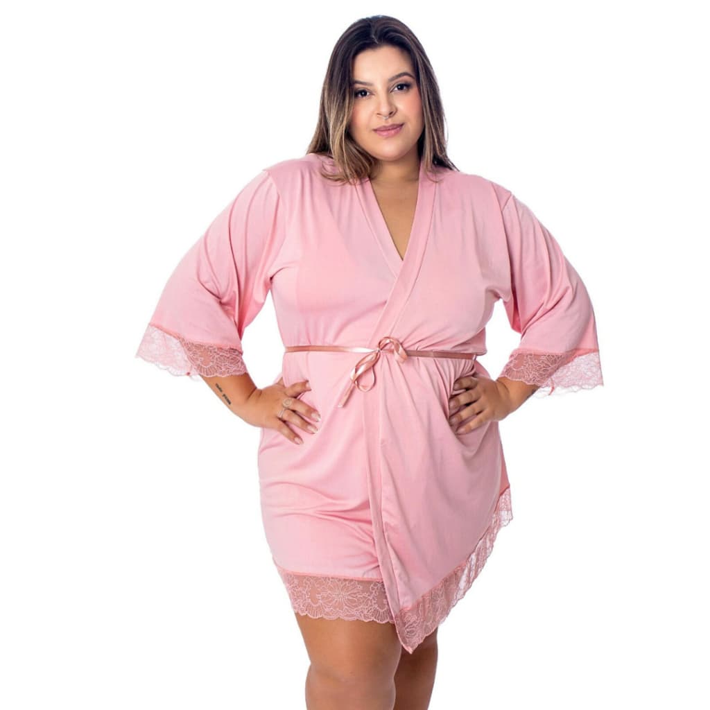 Robe Sexy e Confortável Plus Size Meia Manga e Detalhes em Renda Linha Noite Robe para Noiva