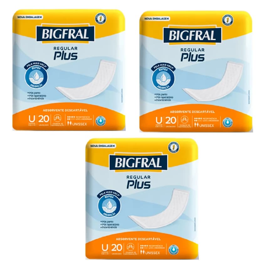 KIT 03 Unid Absorvente Geriátrico Bigfral 3 em 1 (20 Unidades cada)