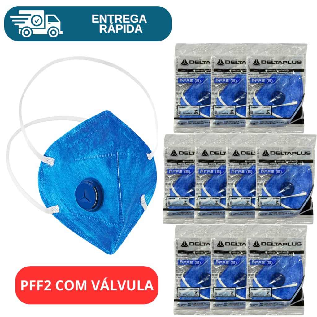 Kit 10 Máscara Respirador Descartável PFF2 Com Válvula Azul N95 Proteção Poeiras Névoas Pó Fumos