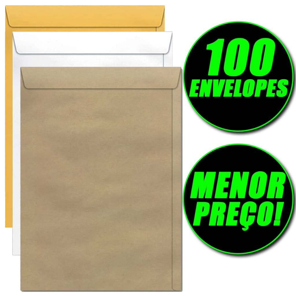 100 Envelope Para Documento Kraft Pardo Branco Ouro 22x32 Diversos Tamanho e Cor