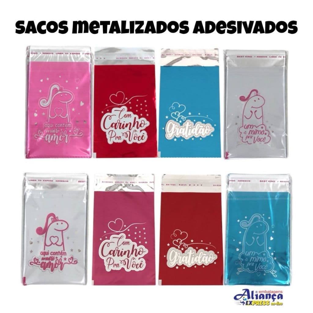 100 Sacos de presente 10x15cm Metalizados Adesivados
