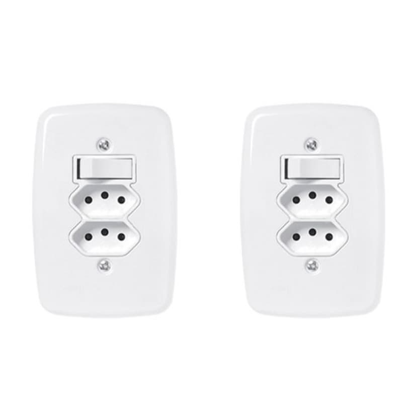 kit 02 Interruptor Apagador Simples + Tomada Dupla 10a Pluzie 4x2