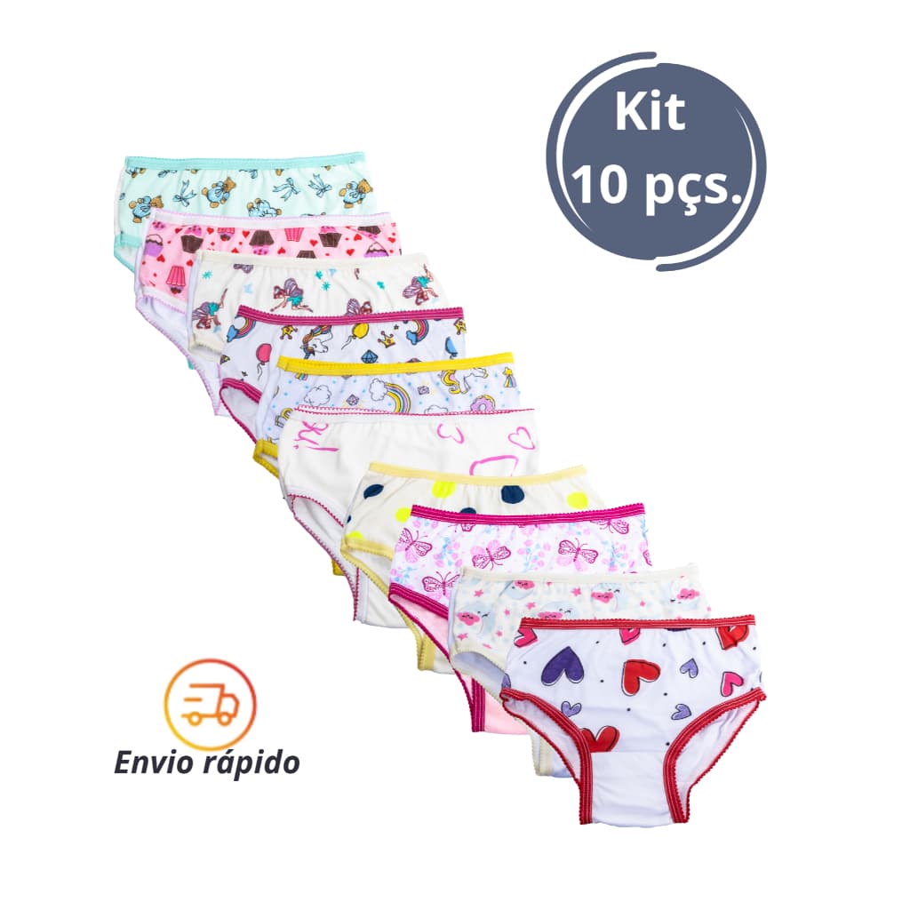 Kit 10 Calcinha 100%  Algodão Infantil com  Forro e Estampas na Frente Cores Sortidas