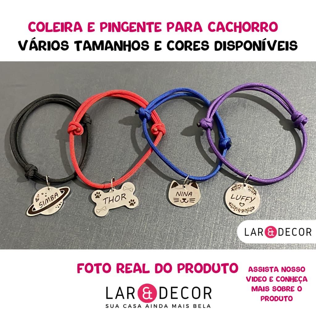 Placa de Identificação Pet Inox com Coleira Pingente Pet personalizado Cachorro Gato